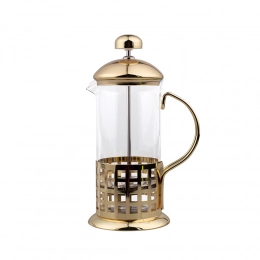 Glass French press in a steel basket, in gold color, 350 ml