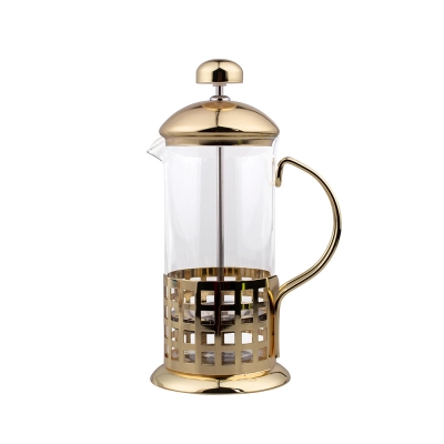 
                                            Glass French press in a steel basket, in gold color, 350 ml
                                            