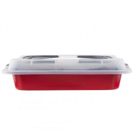 Rectangular cakepan 36,3 x 24,5 x h5,5cm with plastic lid and handle, red color