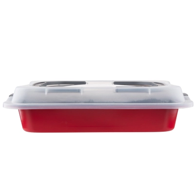 
                                                Rectangular cakepan 36,3 x 24,5 x h5,5cm with plastic lid and handle, red color
                                                