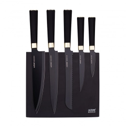 Set of knives with non-stick coated blades, black with gold accents, with magnetic block, 5 pieces