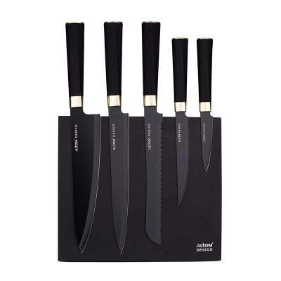 
                                                Set of knives with non-stick coated blades, black with gold accents, with magnetic block, 5 pieces
                                                