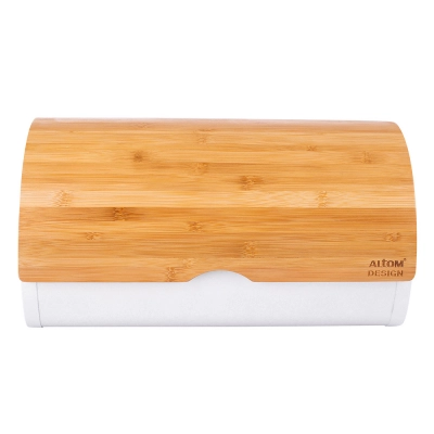 
                                            White steel bread bin with bamboo lid 37,7x24,3x20,4 cm
                                            