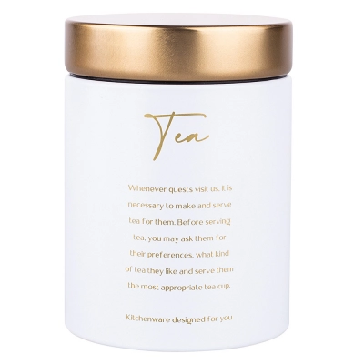 
                                            White canister with golder lid tea design 11x11x15 cm
                                            