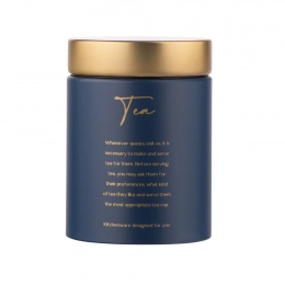 Dark blue canister with golder lid tea design 11x11x15 cm