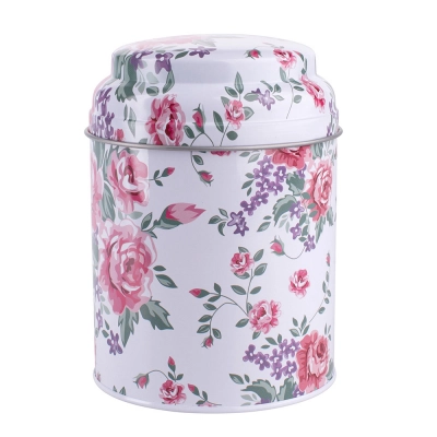 
                                            White round tea metal tin flower design 9,5x9,5x13,5 cm
                                            