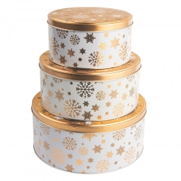 Set of 3 round tin boxes 20x9 cm 17x8 cm 14x7 cm. dec. with golden snowflakes.