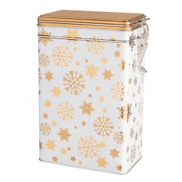 Rectangular clip-lid tin, 12x8x19 cm. dec. with golden snowflakes