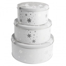 Set of 3 round tin boxes 20x9 cm 17x8 cm 14x7 cm, dec. silver christmas tree