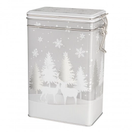 Rectangular clip-lid tin, 12x8x19 cm. Decorated with silver Christmas trees