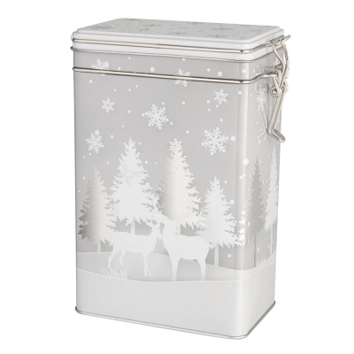 
                                            Rectangular clip-lid tin, 12x8x19 cm. Decorated with silver Christmas trees
                                            
