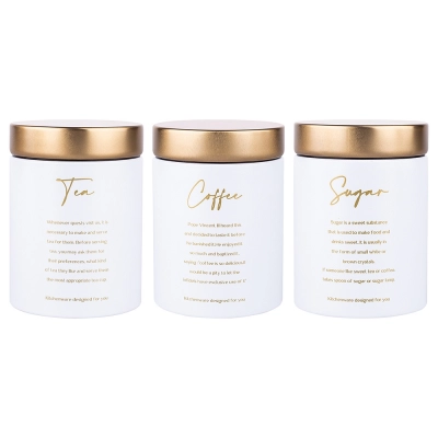 
                                            Gold Dream set of 3 stainless steel canisters for coffee, tea, and sugar - white and gold color BZ
                                            
