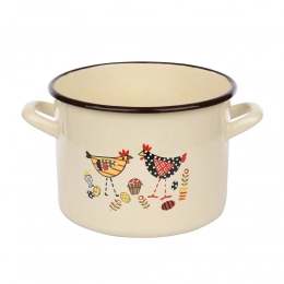 Enamelled pot 4,4L 20cm cream color with Hen decor