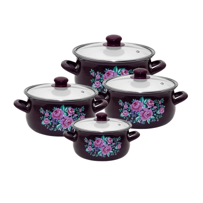 
                                            Klara set of 8 enamelled pots 16-22 cm dec.Charlotta purple
                                            