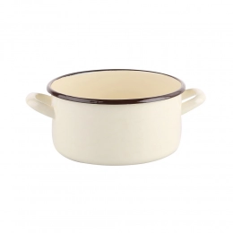 Эмалированная кастрюля 2,1 литра диаметром 18 см, высотой 9,5 см, цвета кремового.