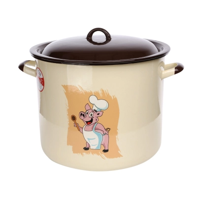 
                                            Enamelled pot 16,6 L; dia.30 cm, h. 25 cm, with lid, creamy decorated
                                            