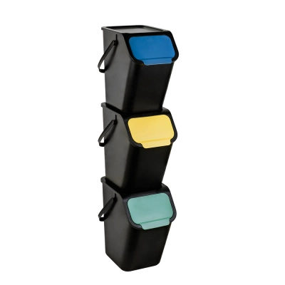 
                                                BINI set of 3 black waste segregation bins with black lid and color flap blue/green/yellow
                                                
