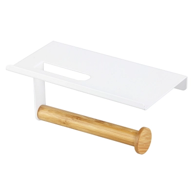 
                                            White metal toilet paper & cell-phone holder with bamboo stem 18x10x7,5cm
                                            