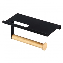 Black metal toilet paper & cell-phone holder with bamboo stem 18x10x7,5 cm color box