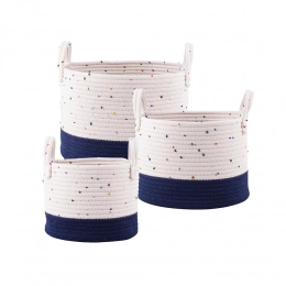 Set of 3 white-blue cotton baskets 32+28+24cm