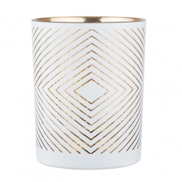 White glass candle holder with gold interior 10x12,5 cm, geometric decoration