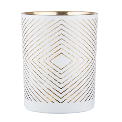 
                                            White glass candle holder with gold interior 10x12,5 cm, geometric decoration
                                            