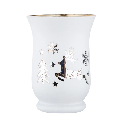 
                                            Glass candle holder, white with gold interior, 11x15 cm, dec. reindeer
                                            