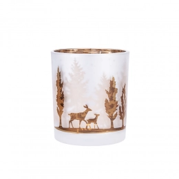 Frosted glass candle holder with gold-brown interior, 7x8 cm, forest decoration