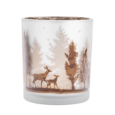 
                                            Frosted glass candle holder with gold-brown interior, 9x10 cm, forest decoration
                                            