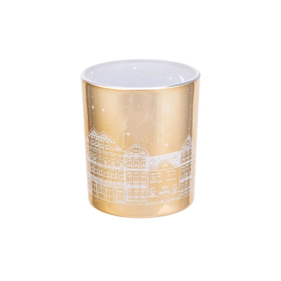 
                                            Golden glass candle holder with light interior, 7x8 cm, townhouses decoration
                                            