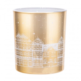 Golden glass candle holder with light interior, 9x10 cm, townhouses decoration
