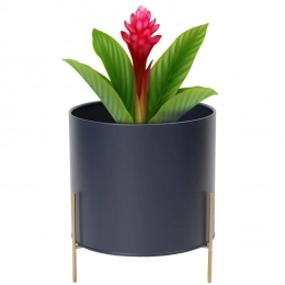 Navy blue metal flower pot, diameter 20cm, height 10cm, on a golden base