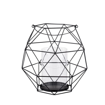 
                                            Geometric metal candle holder with handle and glass insert, 22x22x22 cm, black
                                            