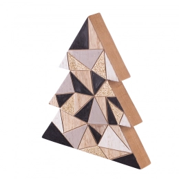 Wooden Christmas tree figurine, geometric patterns, 14x15.5x2 cm