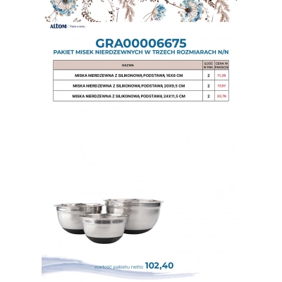 
                                            Set of 3 stainless steel bowls with silicone base (16x8 cm; 20x9.5 cm; 24x11.5 cm)
                                            