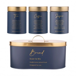 Set with bread bin and 3 containers, matte navy blue color with gold-toned lid