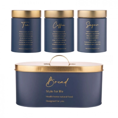 
                                            Set with bread bin and 3 containers, matte navy blue color with gold-toned lid
                                            
