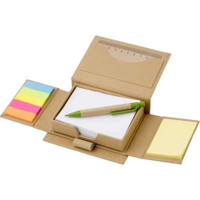 
                                            Memo holder, notebook, sticky notes, ball pen, ruler
                                            