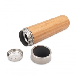 Bamboo vacuum flask 500 ml with sieve stopping dregs and digital beverage temperature display