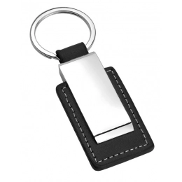 KEYCHAIN  SHINY METAL-  BLACK LEATHER