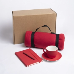 COSINESS gift set: blanket, daily planner, pen, tea set, box, red.