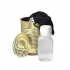 Set of PPE #2 (gray mask, antiseptic, white gloves) packed in a tin can.