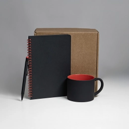 FLAME gift set: notebook, pen, mug; black/red.