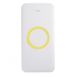 Universal wireless charging battery SATURN, white with blue, 15x7.3x1.2cm.