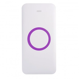 Universal wireless charging battery SATURN, white with blue, 15x7.3x1.2cm.