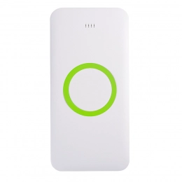 Universal wireless charging battery SATURN, white with blue, 15x7.3x1.2cm.