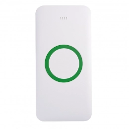 Universal wireless charging battery SATURN, white with blue, 15x7.3x1.2cm.