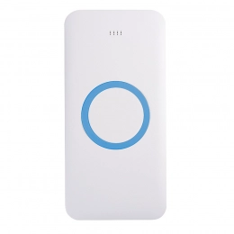 Universal wireless charging battery SATURN, white with blue, 15x7.3x1.2cm.