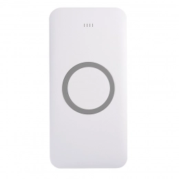 Universal wireless charging battery SATURN, white with blue, 15x7.3x1.2cm.