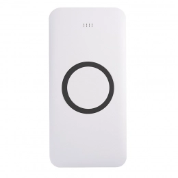 Universal wireless charging battery SATURN, white with blue, 15x7.3x1.2cm.